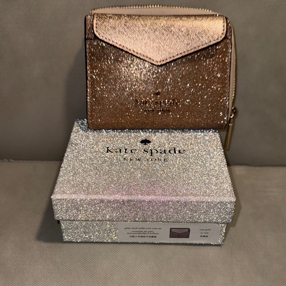 Kate Spade Tinsel Rose Gold Glitter Small Card Wallet Set K8715